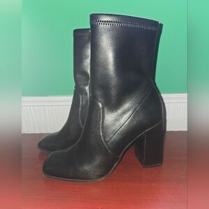 Kenneth Cole New York Jax Stretch Black Block Heel Square Toe Zip Boots Sz 7M